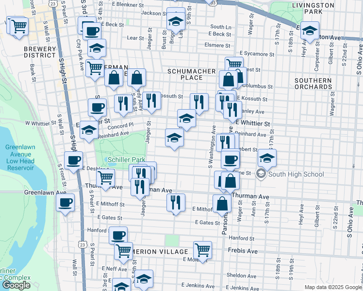map of restaurants, bars, coffee shops, grocery stores, and more near 338 Stewart Avenue in Columbus