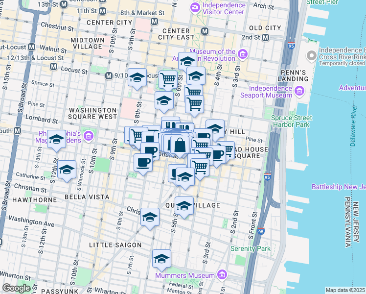 map of restaurants, bars, coffee shops, grocery stores, and more near 511 South Reese Street in Philadelphia