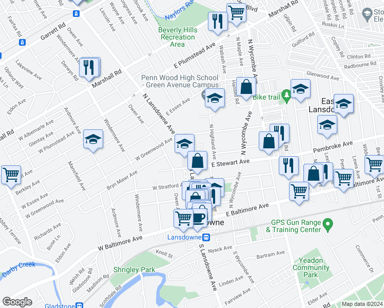 map of restaurants, bars, coffee shops, grocery stores, and more near 113 North Lansdowne Avenue in Lansdowne