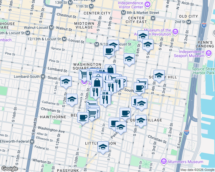 map of restaurants, bars, coffee shops, grocery stores, and more near in Philadelphia