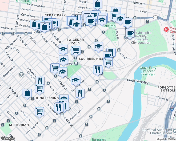 map of restaurants, bars, coffee shops, grocery stores, and more near 1235 South 49th Street in Philadelphia