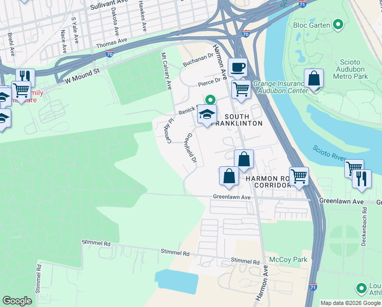 map of restaurants, bars, coffee shops, grocery stores, and more near 865 Greenfield Dr in Columbus
