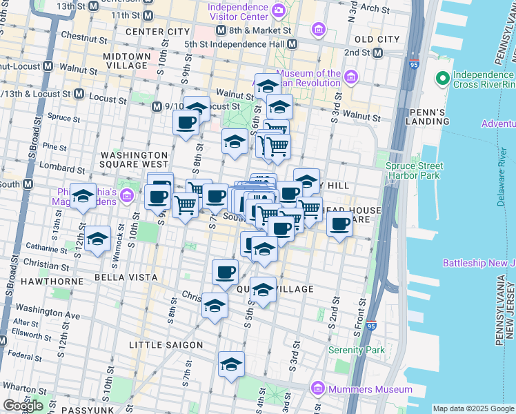 map of restaurants, bars, coffee shops, grocery stores, and more near 515 South Randolph Street in Philadelphia