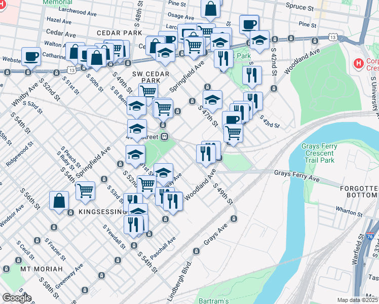 map of restaurants, bars, coffee shops, grocery stores, and more near 1235 South 49th Street in Philadelphia