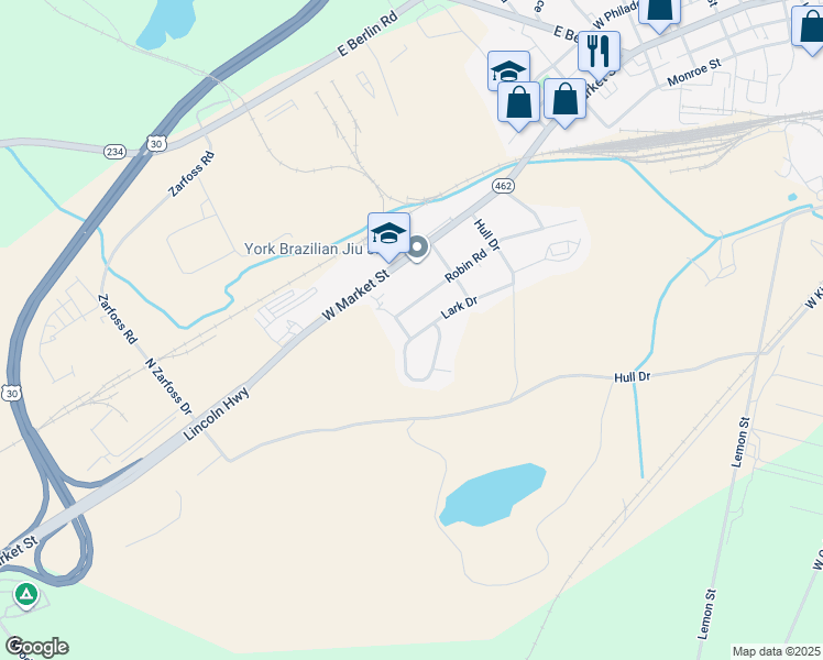 map of restaurants, bars, coffee shops, grocery stores, and more near 119 Finch Drive in York