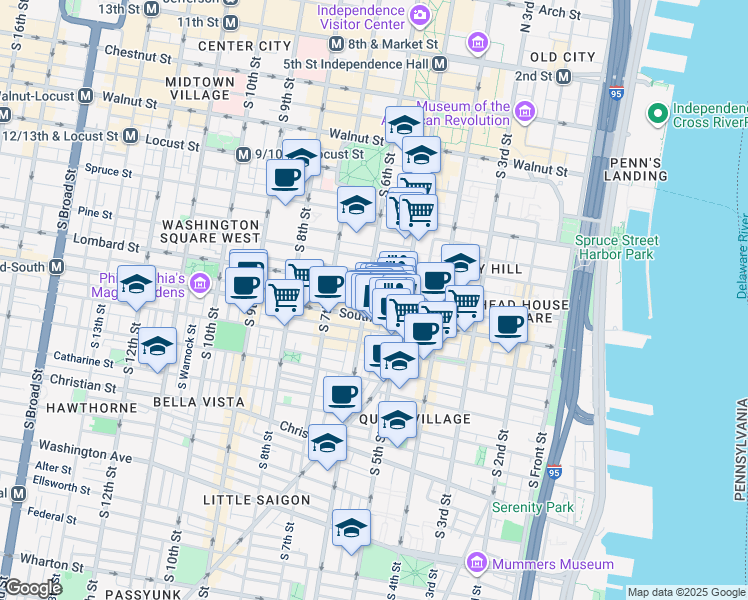 map of restaurants, bars, coffee shops, grocery stores, and more near 514 Randolph Court in Philadelphia