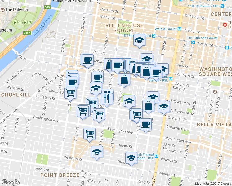 map of restaurants, bars, coffee shops, grocery stores, and more near 742 South Cleveland Street in Philadelphia