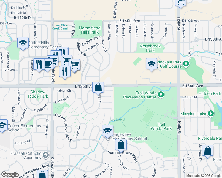 map of restaurants, bars, coffee shops, grocery stores, and more near 4643 East 135th Lane in Thornton