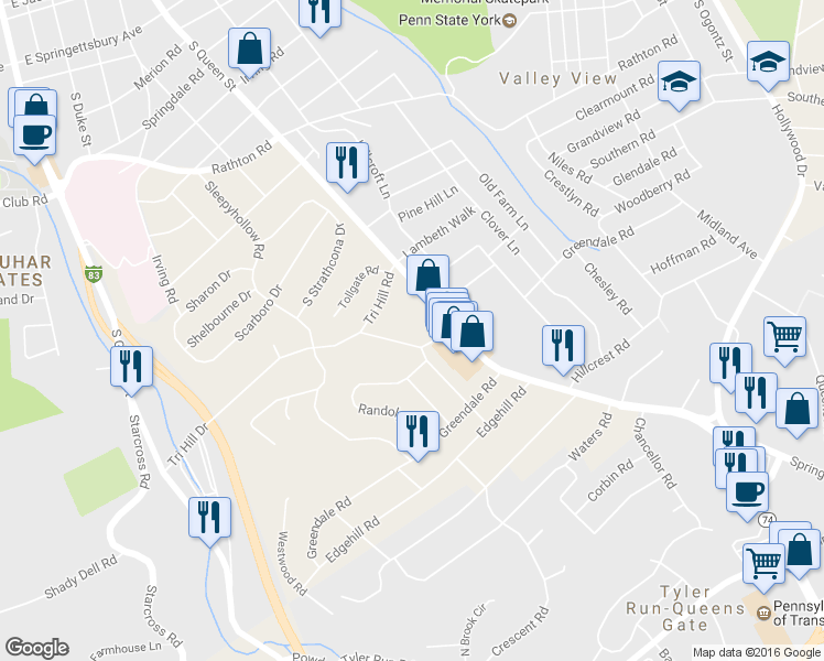 map of restaurants, bars, coffee shops, grocery stores, and more near 379 Tri Hill Road in York