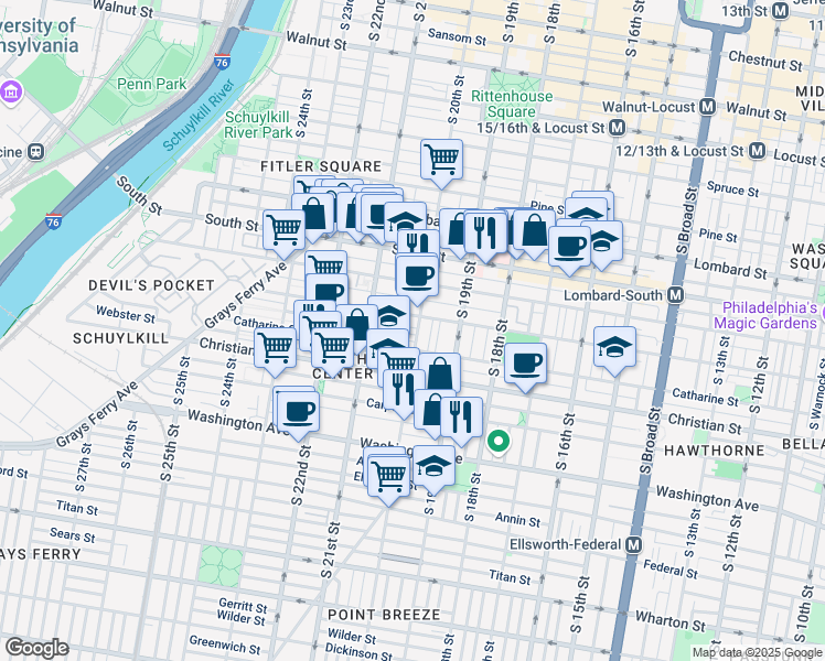 map of restaurants, bars, coffee shops, grocery stores, and more near 777 South 20th Street in Philadelphia