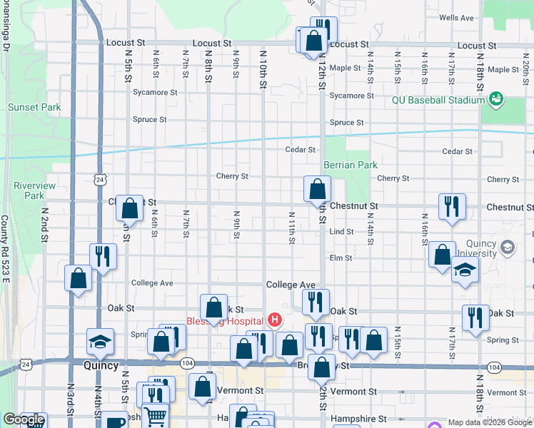 map of restaurants, bars, coffee shops, grocery stores, and more near 1003 Lind Street in Quincy