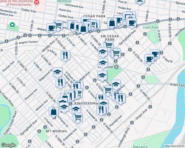 map of restaurants, bars, coffee shops, grocery stores, and more near 1118 South Paxon Street in Philadelphia