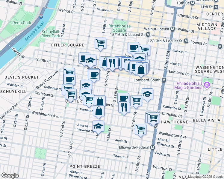 map of restaurants, bars, coffee shops, grocery stores, and more near 742 South Cleveland Street in Philadelphia