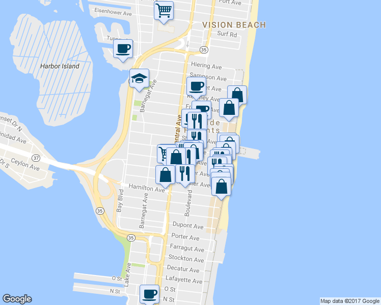 map of restaurants, bars, coffee shops, grocery stores, and more near 717 Ocean Boulevard in Seaside Heights