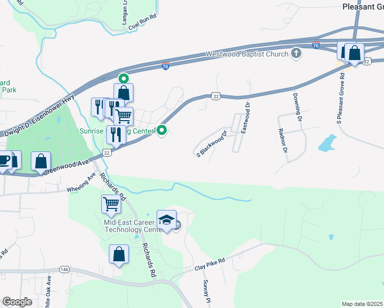 map of restaurants, bars, coffee shops, grocery stores, and more near 256 South Blackwood Drive in Zanesville