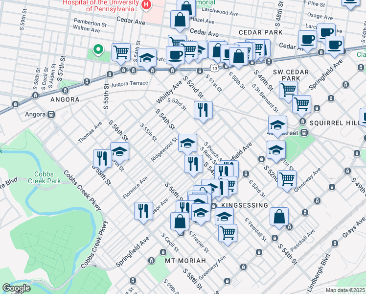 map of restaurants, bars, coffee shops, grocery stores, and more near 5400 Warrington Avenue in Philadelphia