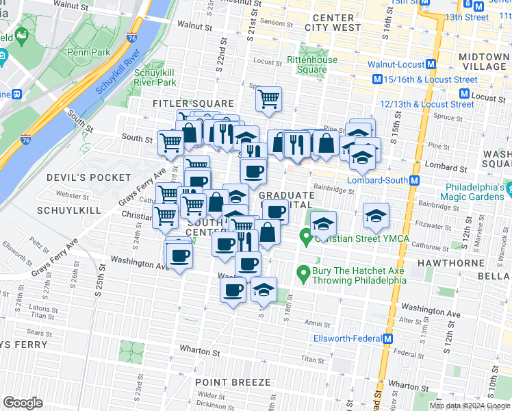 map of restaurants, bars, coffee shops, grocery stores, and more near 753 South 20th Street in Philadelphia