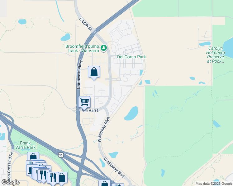 map of restaurants, bars, coffee shops, grocery stores, and more near 13516 Via Varra in Broomfield