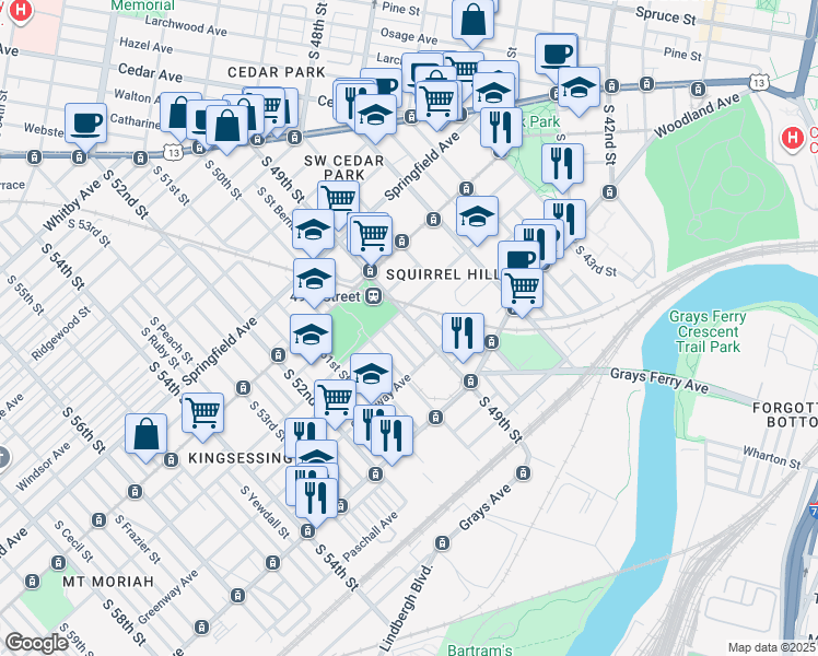 map of restaurants, bars, coffee shops, grocery stores, and more near 1255 Greylock Street in Philadelphia