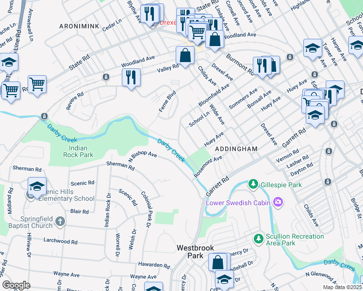 map of restaurants, bars, coffee shops, grocery stores, and more near 523 Bloomfield Avenue in Drexel Hill