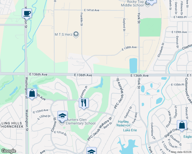 map of restaurants, bars, coffee shops, grocery stores, and more near 13526 Franklin Street in Thornton