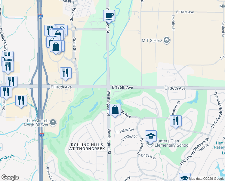 map of restaurants, bars, coffee shops, grocery stores, and more near 13550 Washington Street in Thornton