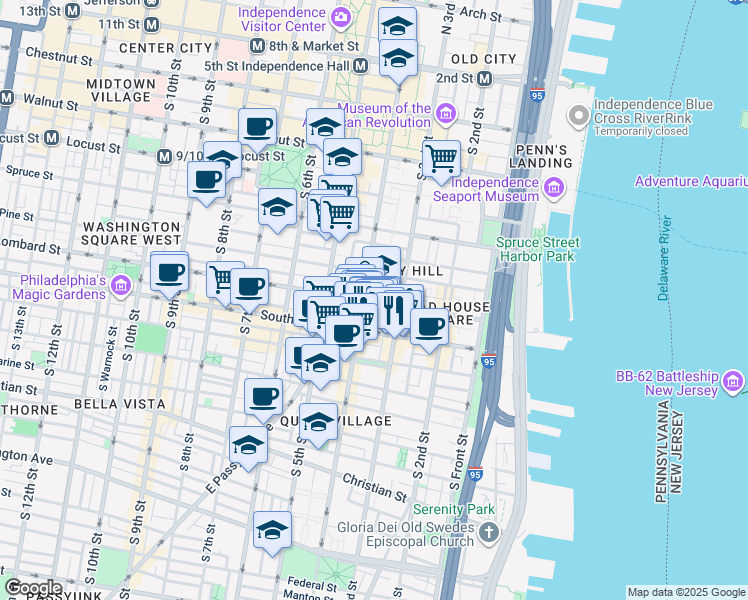 map of restaurants, bars, coffee shops, grocery stores, and more near in Philadelphia