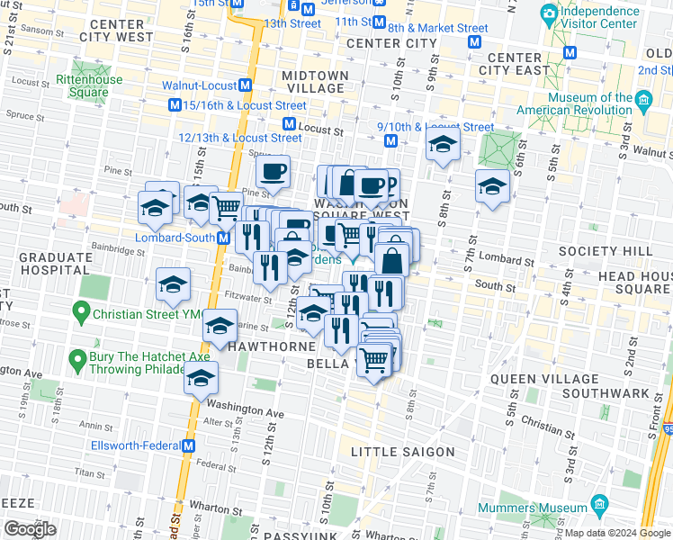 map of restaurants, bars, coffee shops, grocery stores, and more near 704 South 11th Street in Philadelphia