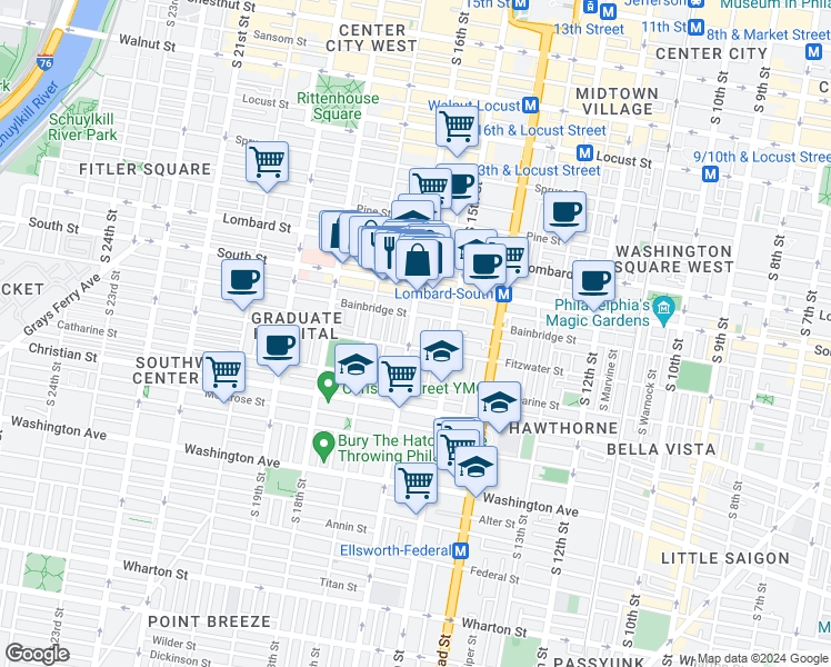 map of restaurants, bars, coffee shops, grocery stores, and more near 742 South 16th Street in Philadelphia