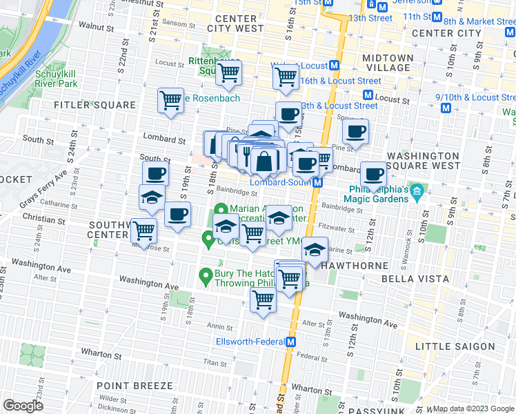 map of restaurants, bars, coffee shops, grocery stores, and more near 742 South 16th Street in Philadelphia
