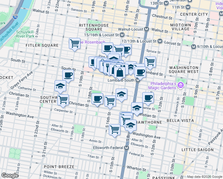 map of restaurants, bars, coffee shops, grocery stores, and more near 742 South 16th Street in Philadelphia