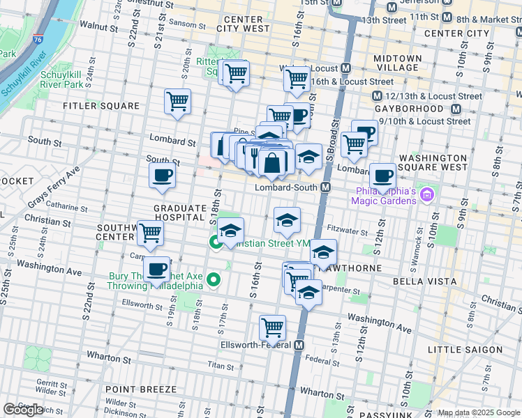 map of restaurants, bars, coffee shops, grocery stores, and more near 742 South 16th Street in Philadelphia