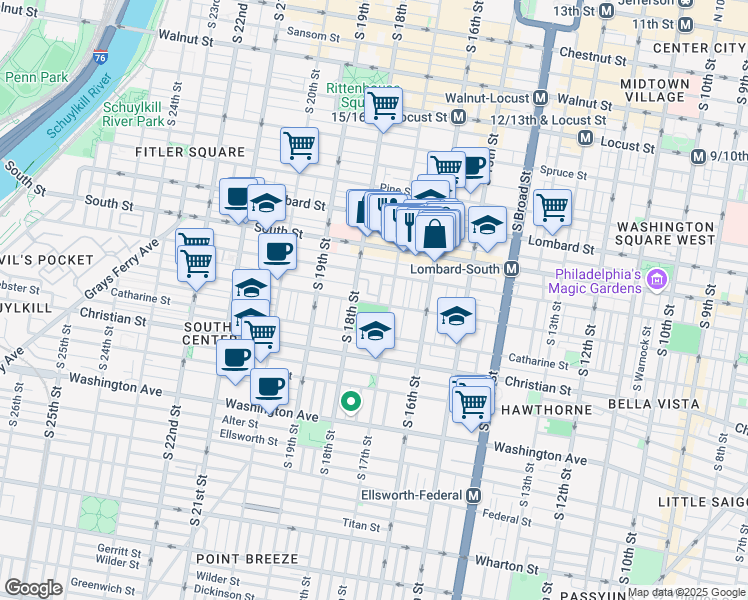 map of restaurants, bars, coffee shops, grocery stores, and more near 740 South 17th Street in Philadelphia