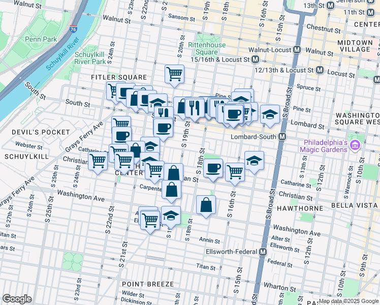 map of restaurants, bars, coffee shops, grocery stores, and more near in Philadelphia