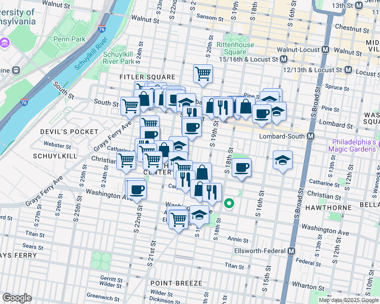 map of restaurants, bars, coffee shops, grocery stores, and more near 777 South 20th Street in Philadelphia