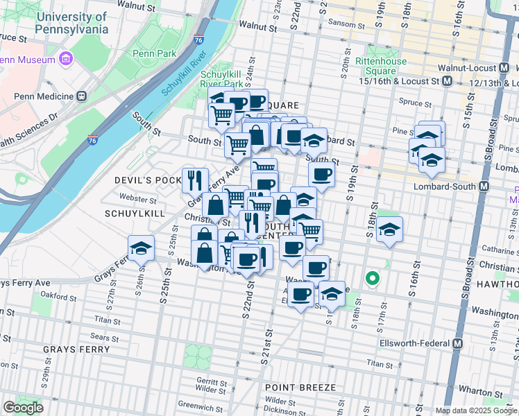 map of restaurants, bars, coffee shops, grocery stores, and more near 2212 Madison Square in Philadelphia