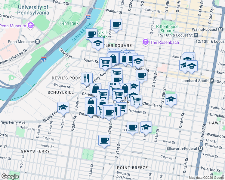 map of restaurants, bars, coffee shops, grocery stores, and more near 2212 Madison Square in Philadelphia