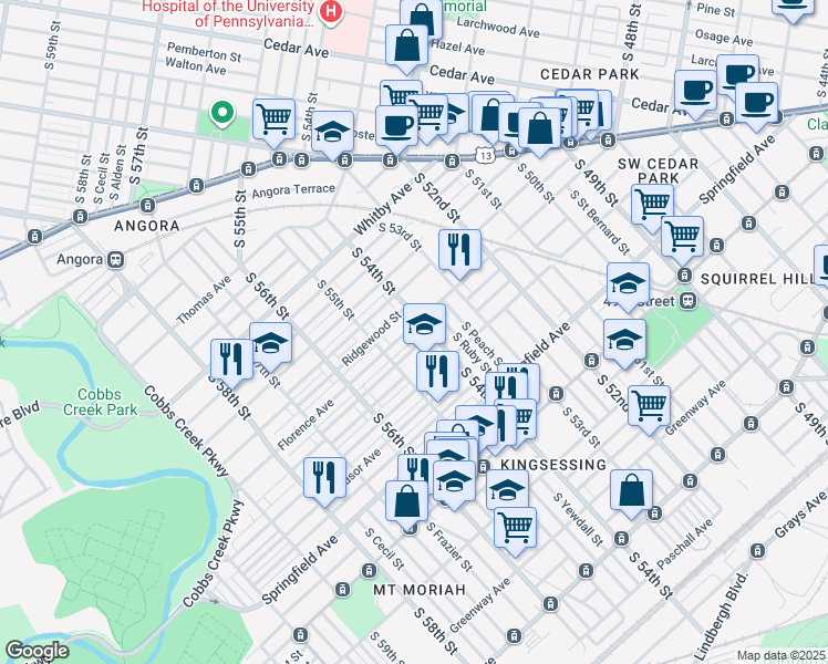 map of restaurants, bars, coffee shops, grocery stores, and more near 5400 Warrington Avenue in Philadelphia