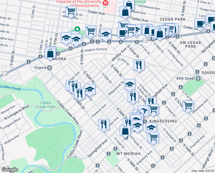 map of restaurants, bars, coffee shops, grocery stores, and more near 5529 Ridgewood Street in Philadelphia