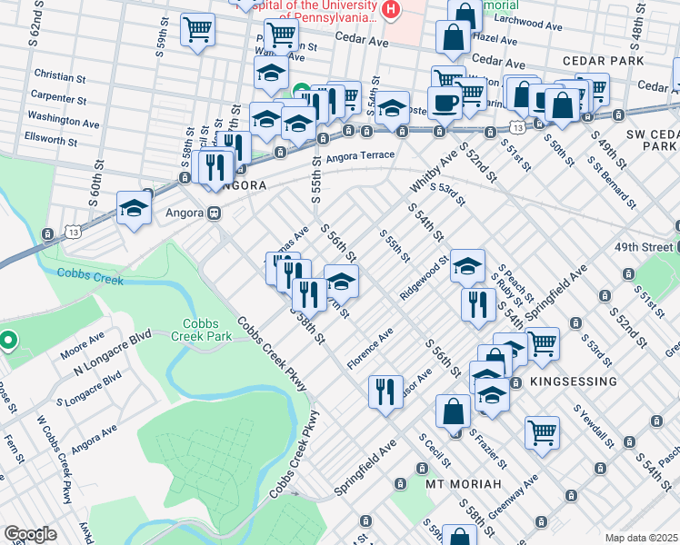 map of restaurants, bars, coffee shops, grocery stores, and more near 5643 Hadfield Street in Philadelphia