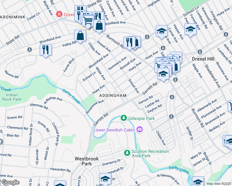 map of restaurants, bars, coffee shops, grocery stores, and more near in Drexel Hill