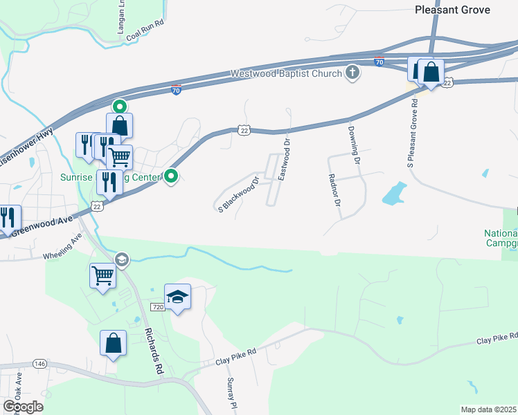 map of restaurants, bars, coffee shops, grocery stores, and more near 200-246 Eastwood Drive in Zanesville