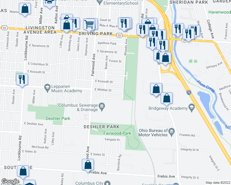map of restaurants, bars, coffee shops, grocery stores, and more near 1866 Reinhard Avenue in Columbus