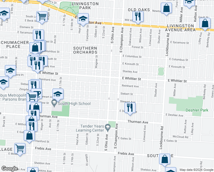 map of restaurants, bars, coffee shops, grocery stores, and more near 1119 South Ohio Avenue in Columbus