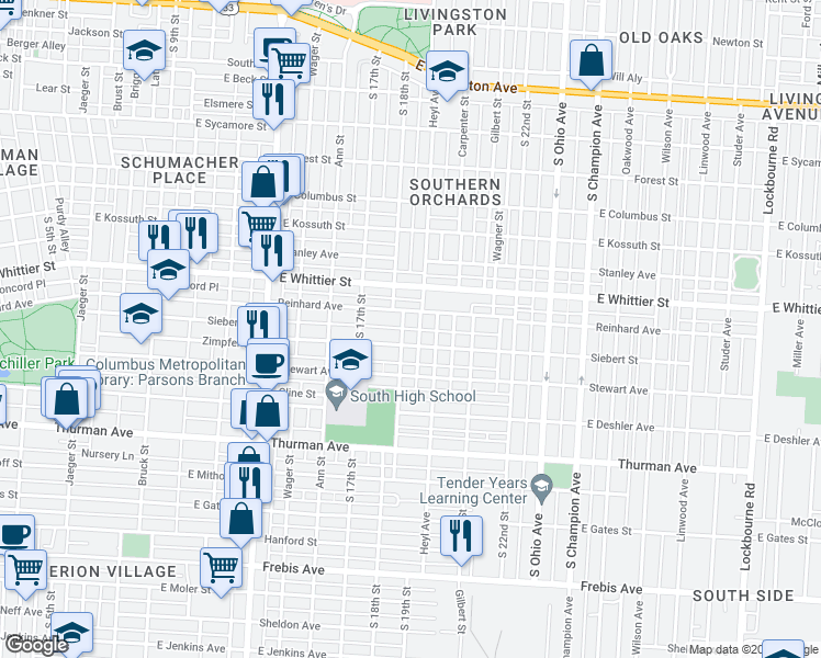 map of restaurants, bars, coffee shops, grocery stores, and more near 723 Siebert Street in Columbus