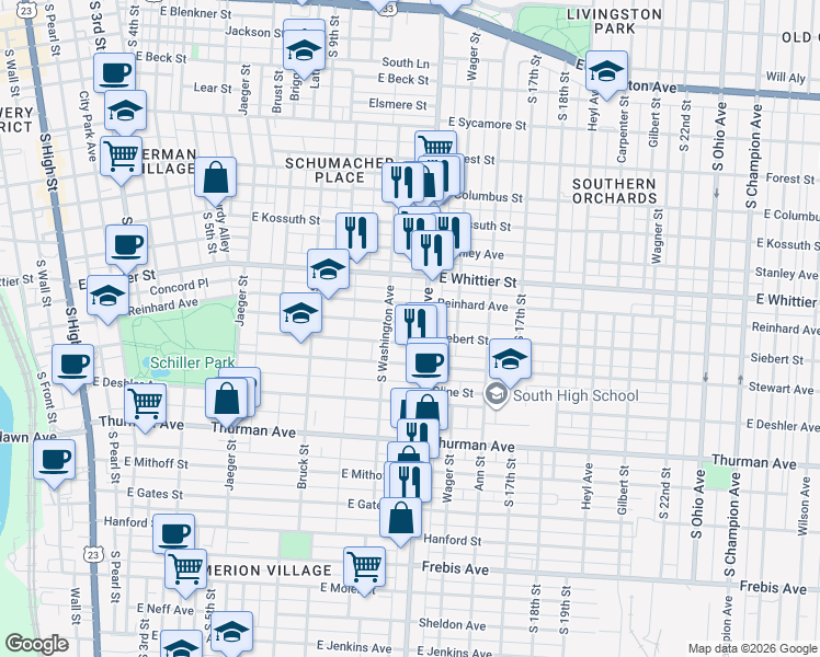 map of restaurants, bars, coffee shops, grocery stores, and more near 1058 Parsons Avenue in Columbus