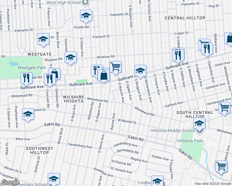 map of restaurants, bars, coffee shops, grocery stores, and more near 635 Racine Avenue in Columbus