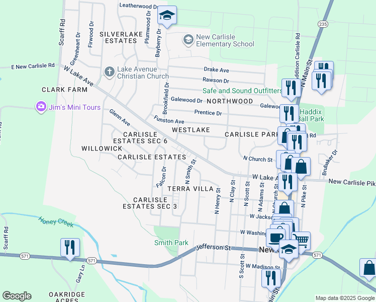map of restaurants, bars, coffee shops, grocery stores, and more near 303 North Smith Street in New Carlisle
