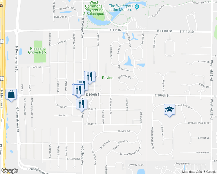 map of restaurants, bars, coffee shops, grocery stores, and more near 1050 East 106th Street in Indianapolis