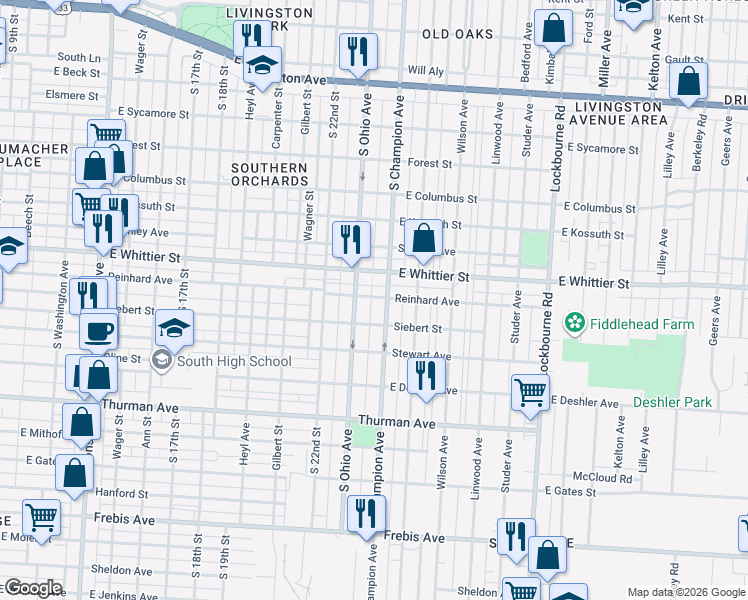 map of restaurants, bars, coffee shops, grocery stores, and more near 945 Reinhard Avenue in Columbus